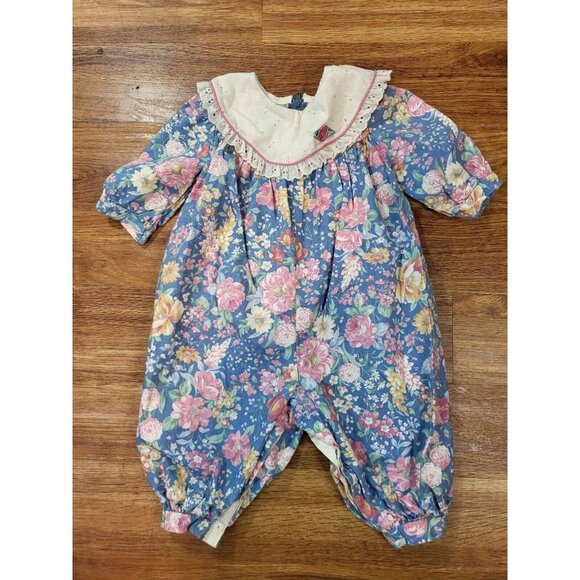 Vtge Polly Flinders Blue Floral Size 9 Months Lace Bubble Leg Romper